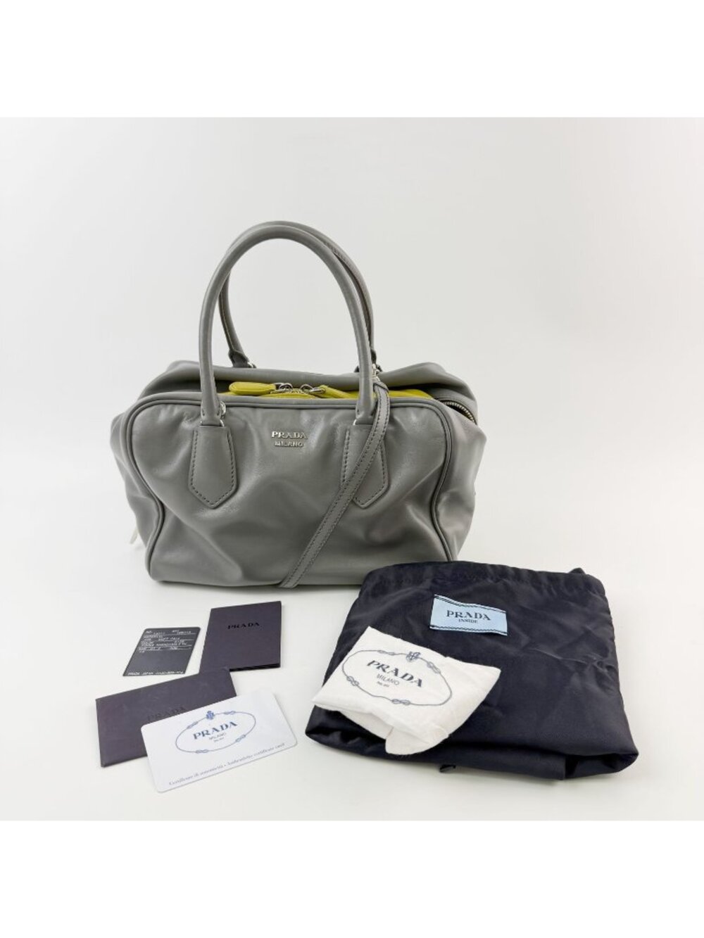 Prada Inside Soft Calfskin 2-Way Shoulder Bag Leather Gray Lime Green Silver